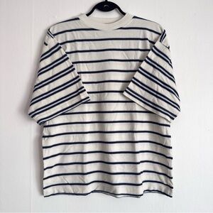 Vintage Oversized Contrast Striped Crewneck Tee (White and Navy)